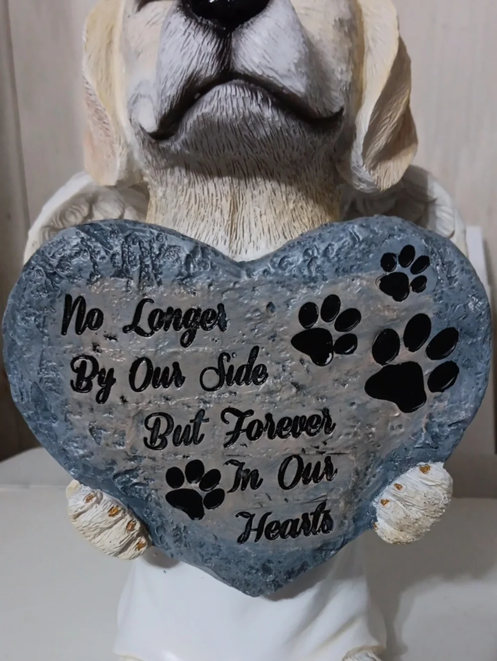 Pet Memorial Dog Statue Holding Heart - Cream and Gray